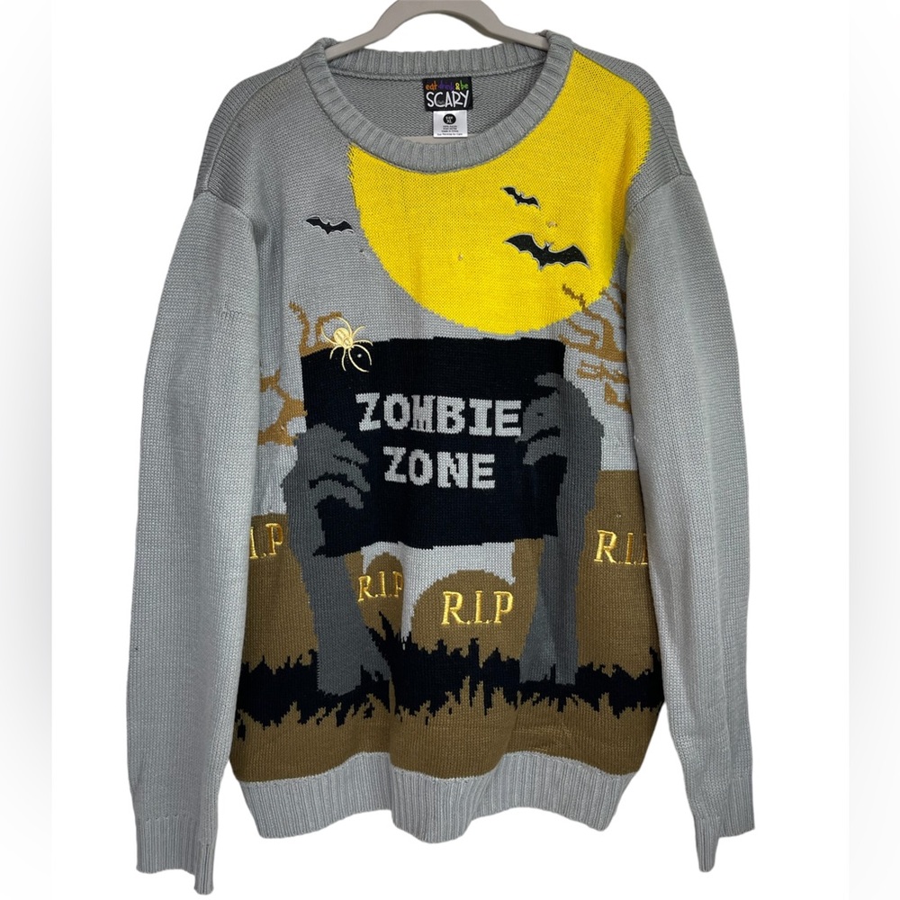 Zombie Zone RIP Skeleton Cemetery Halloween Sweater Size XL